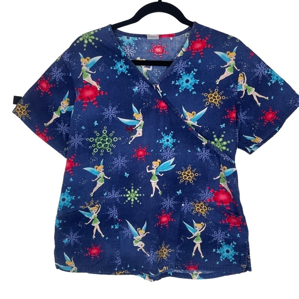 Disney Blue Shirt Sleeved Cotton Tinkerbell Pockets Scrub Top
